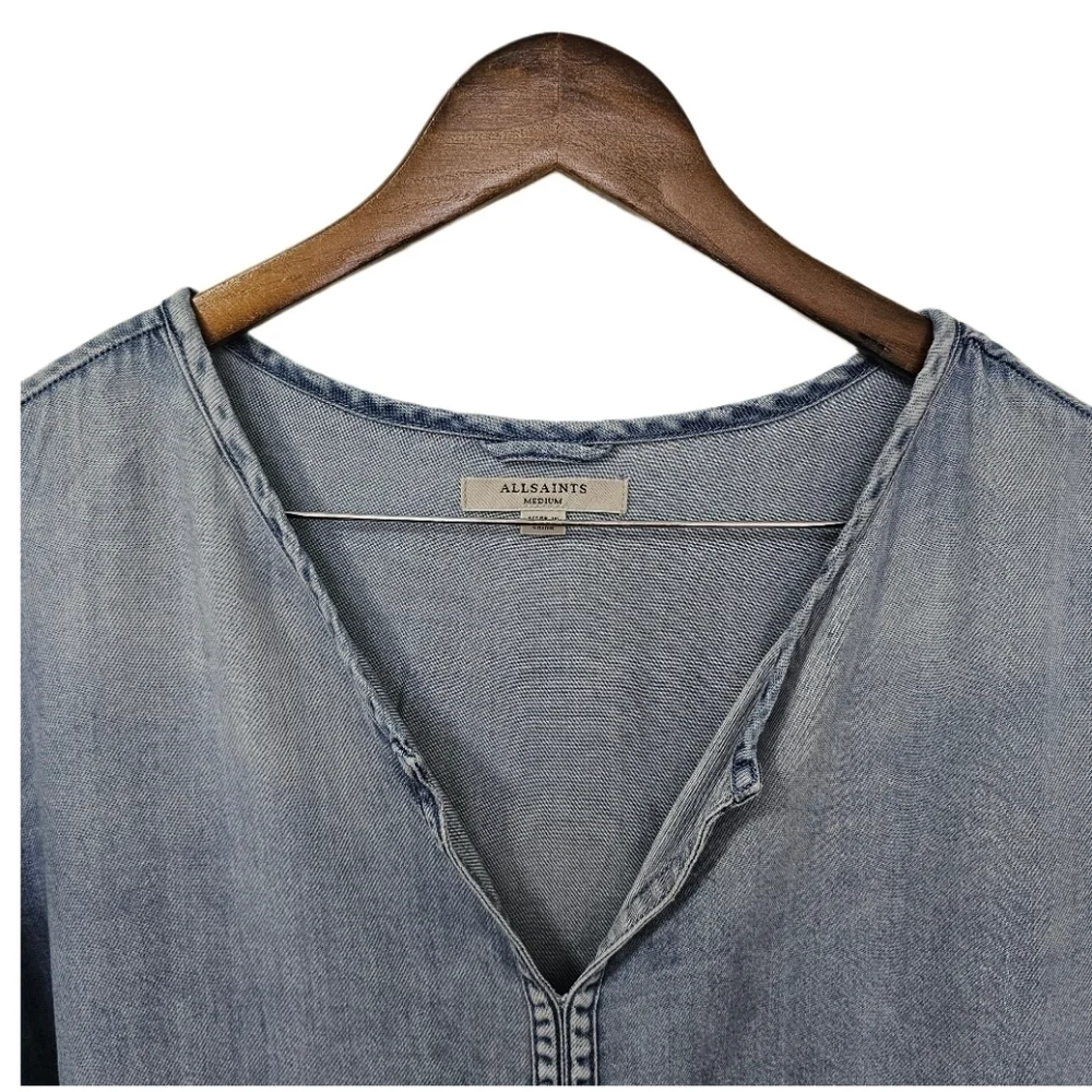 All Saints casual denim blue short sleeve v-neck shift dress size medium - Picture 2 of 12